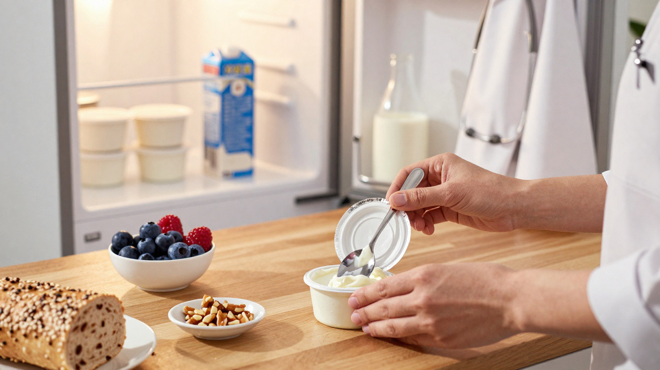 Pessoa com jaleco branco mexendo iogurte em pote na cozinha com frutas, nozes e pão ao fundo.