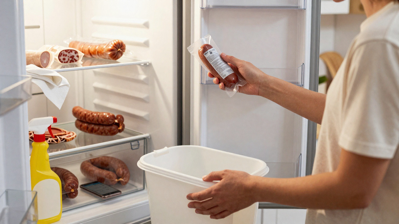 Pessoa descartando salsicha embalada no lixo, com geladeira aberta e vários embutidos visíveis na prateleira.