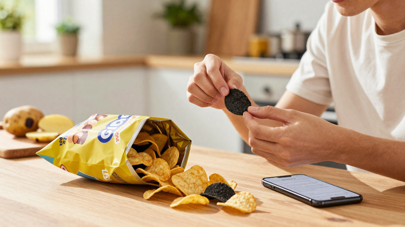 Pessoa segurando batata chips preta, com pacote amarelo aberto e celular sobre mesa de madeira.