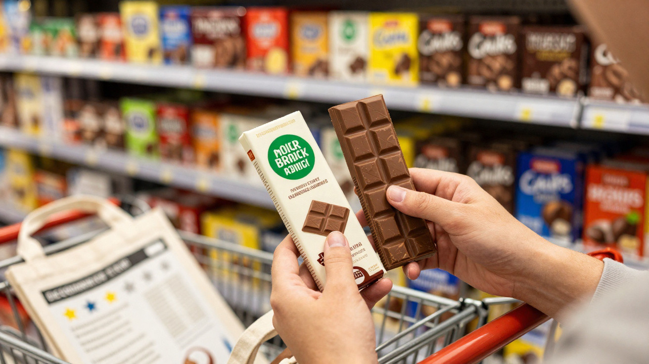 Pessoa segurando barra e embalagem de chocolate Moira Brick Avulso em supermercado.