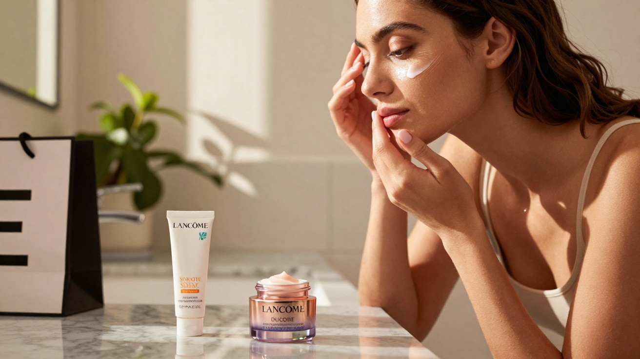 Mulher aplicando creme no rosto ao lado de produtos de cuidados com a pele Lancôme em bancada.