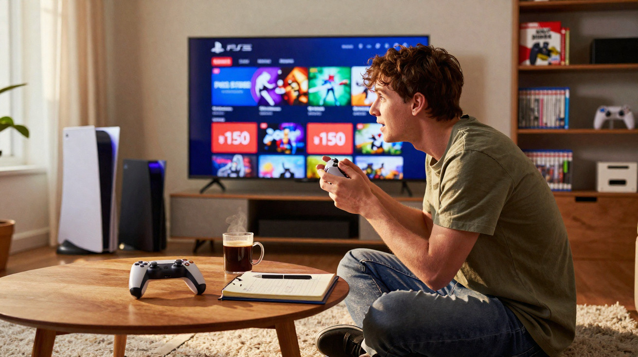 Jovem jogando videogame em sala com TV, controles, notebook e café na mesa de madeira.