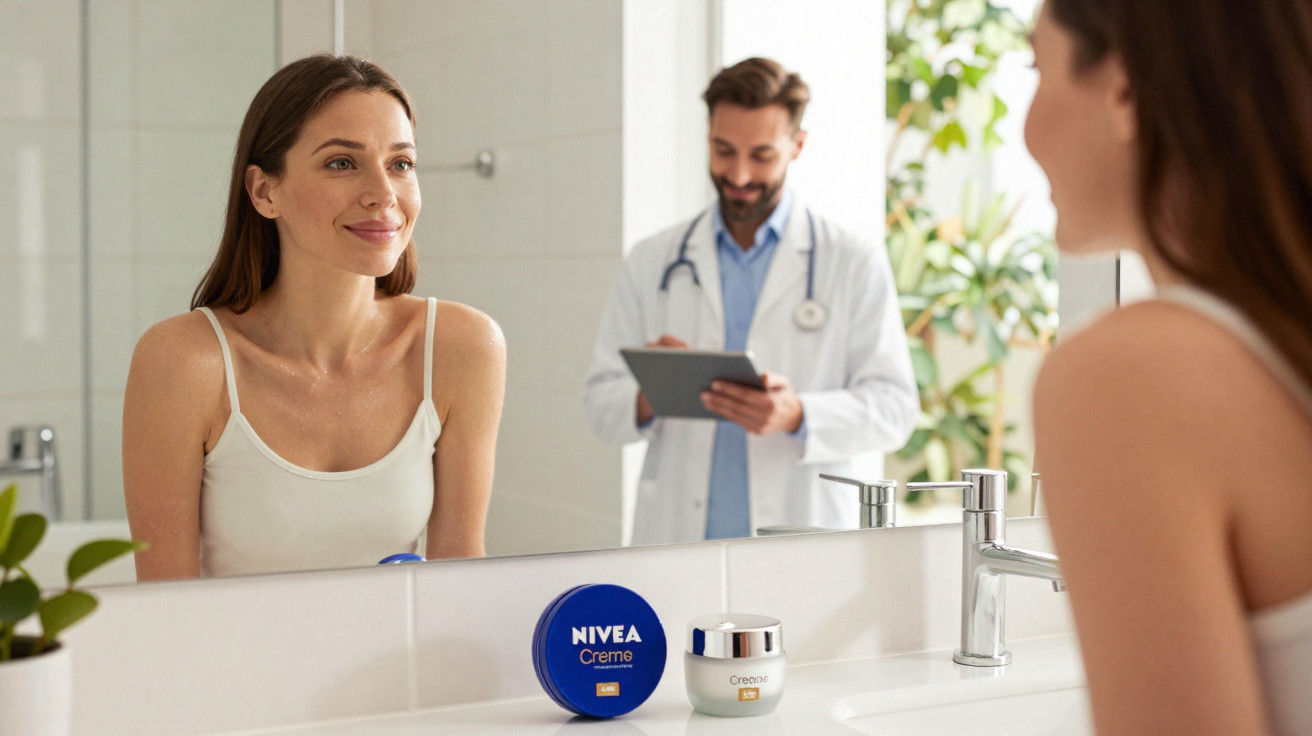 Mulher sorrindo no espelho com médico ao fundo e cremes Nivea na pia do banheiro.