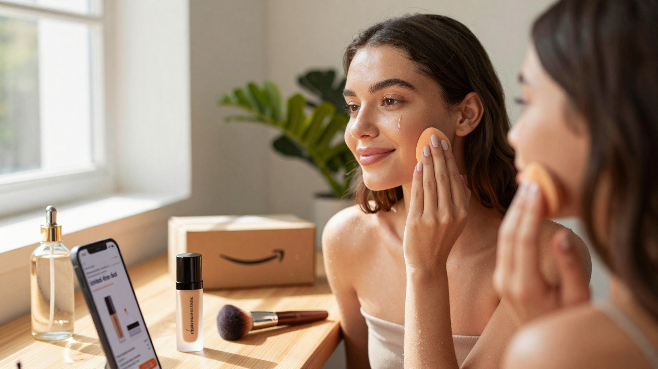 Mulher aplicando base no rosto enquanto se observa no espelho sobre mesa com produtos de maquiagem.