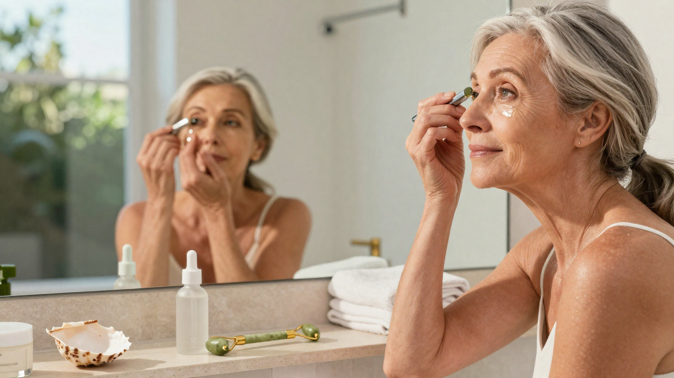 Mulher madura aplicando sérum facial com conta-gotas em frente ao espelho no banheiro.