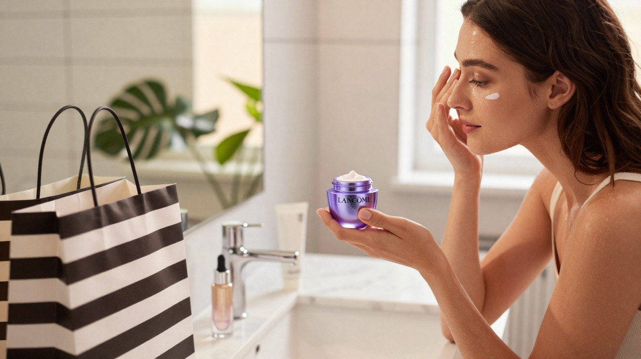 Mulher aplicando creme facial Lancôme no rosto em banheiro iluminado, com bolsa listrada preta e branca ao lado.