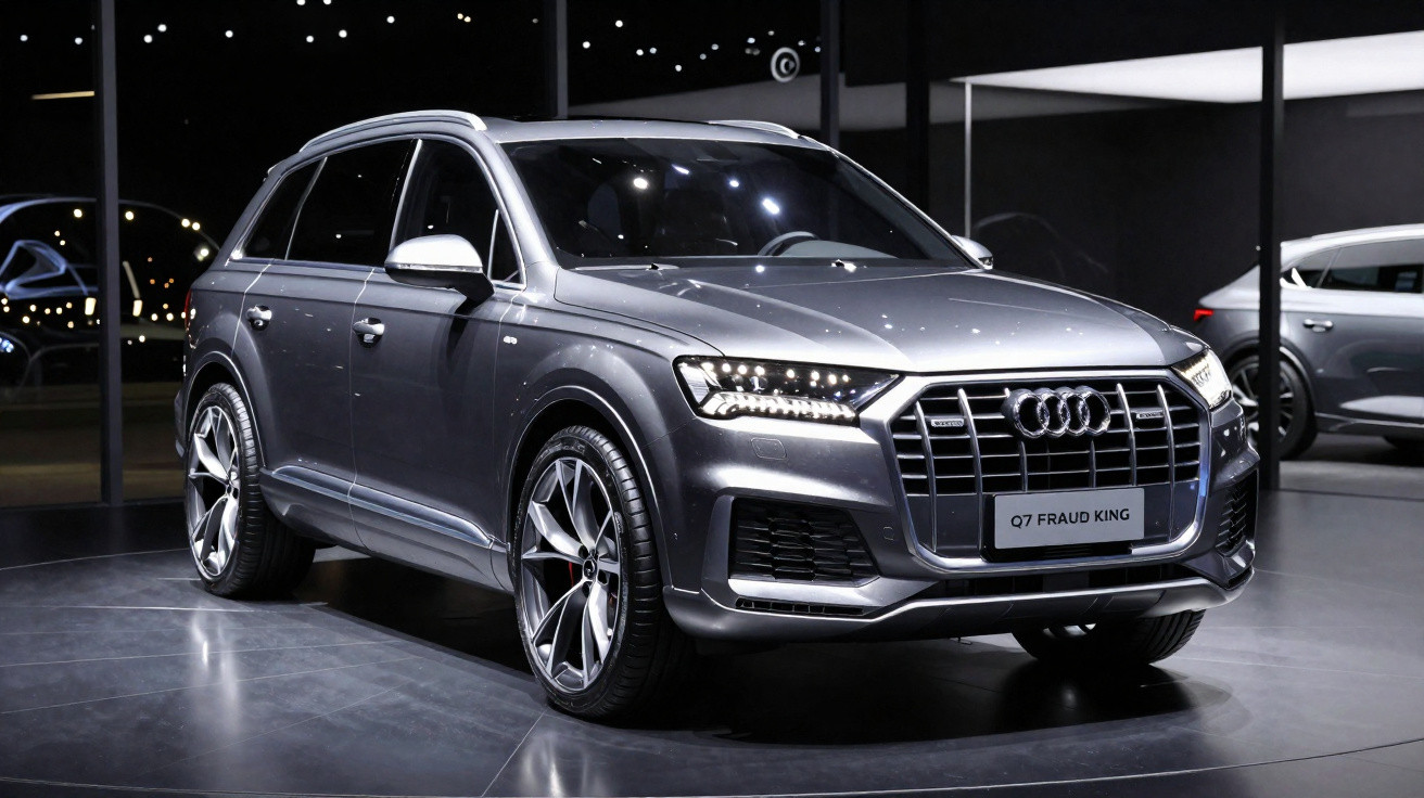 Audi Q7 cinza metálico exibido em salão de automóveis com iluminação moderna e refletida no piso.