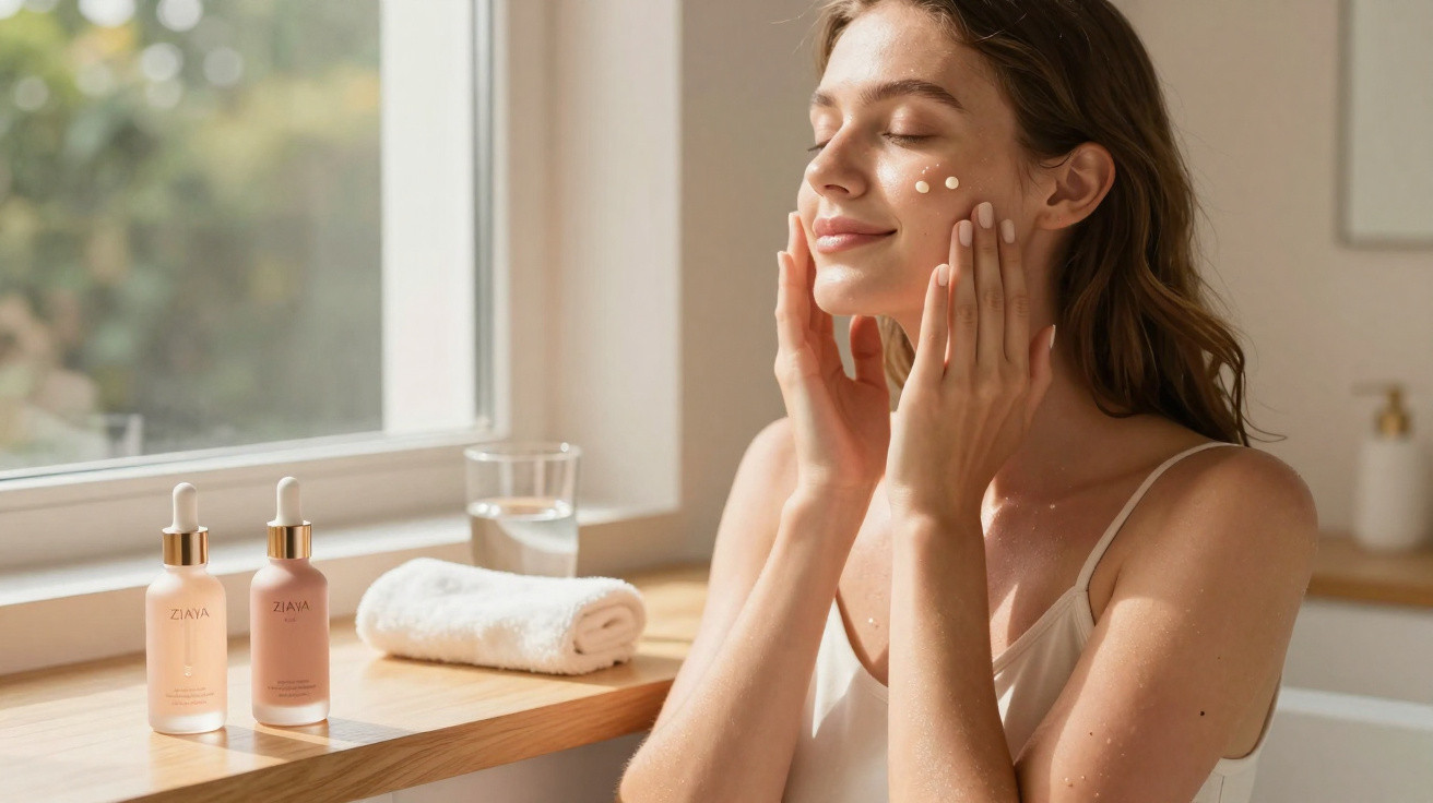 Mulher aplicando creme facial próximo a janela com frascos e toalha em banheiro iluminado.