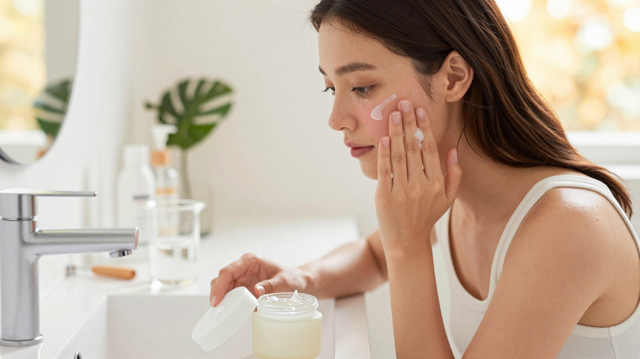 Mulher aplicando creme no rosto sentada em banheiro com jarra de vidro e plantas ao fundo.