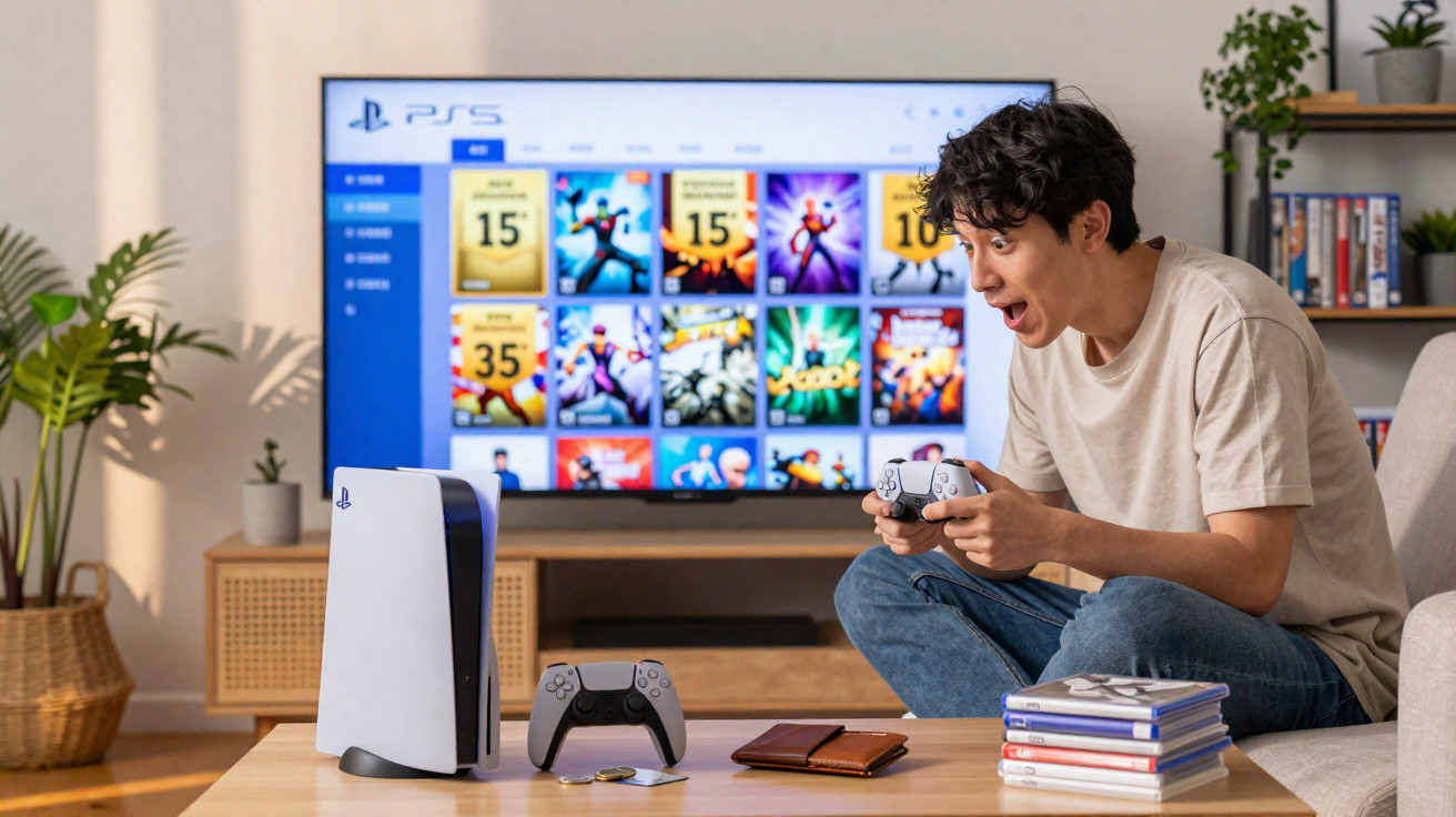 Homem empolgado jogando videogame em console PlayStation 5 com controles e jogos exibidos na TV.