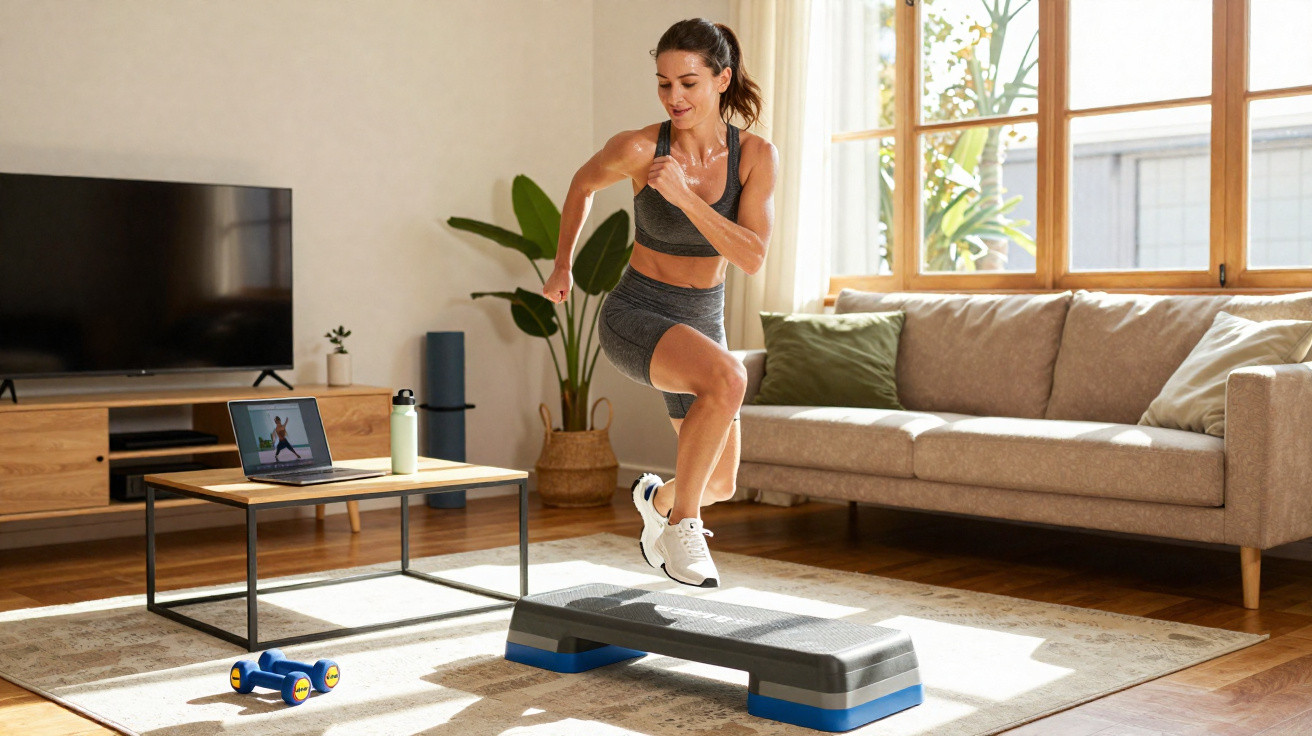 Mulher fazendo exercício de step em casa com roupa esportiva, perto de sofá e mesa com laptop.
