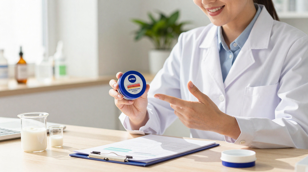 Mulher de jaleco branco segura creme Nivea e sorri, em mesa com documentos e copos com líquido.