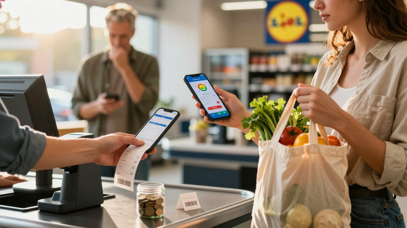 Mulher com sacola de compras apresenta código no celular para pagamento em caixa de supermercado Lidl.