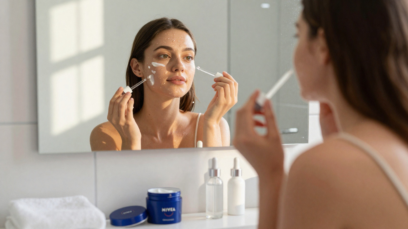 Mulher aplicando produto facial branco em pontos do rosto em frente ao espelho no banheiro.