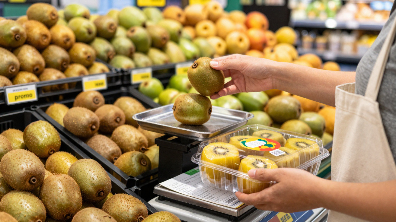 Pessoa pesa kiwis em caixa plástica e possui mais kiwis frescos em exposição no mercado.