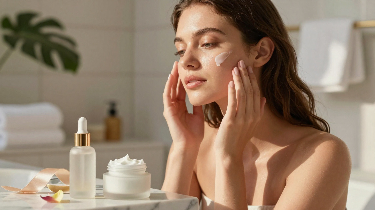 Mulher aplicando creme facial em um ambiente claro com frascos de skincare sobre a mesa.