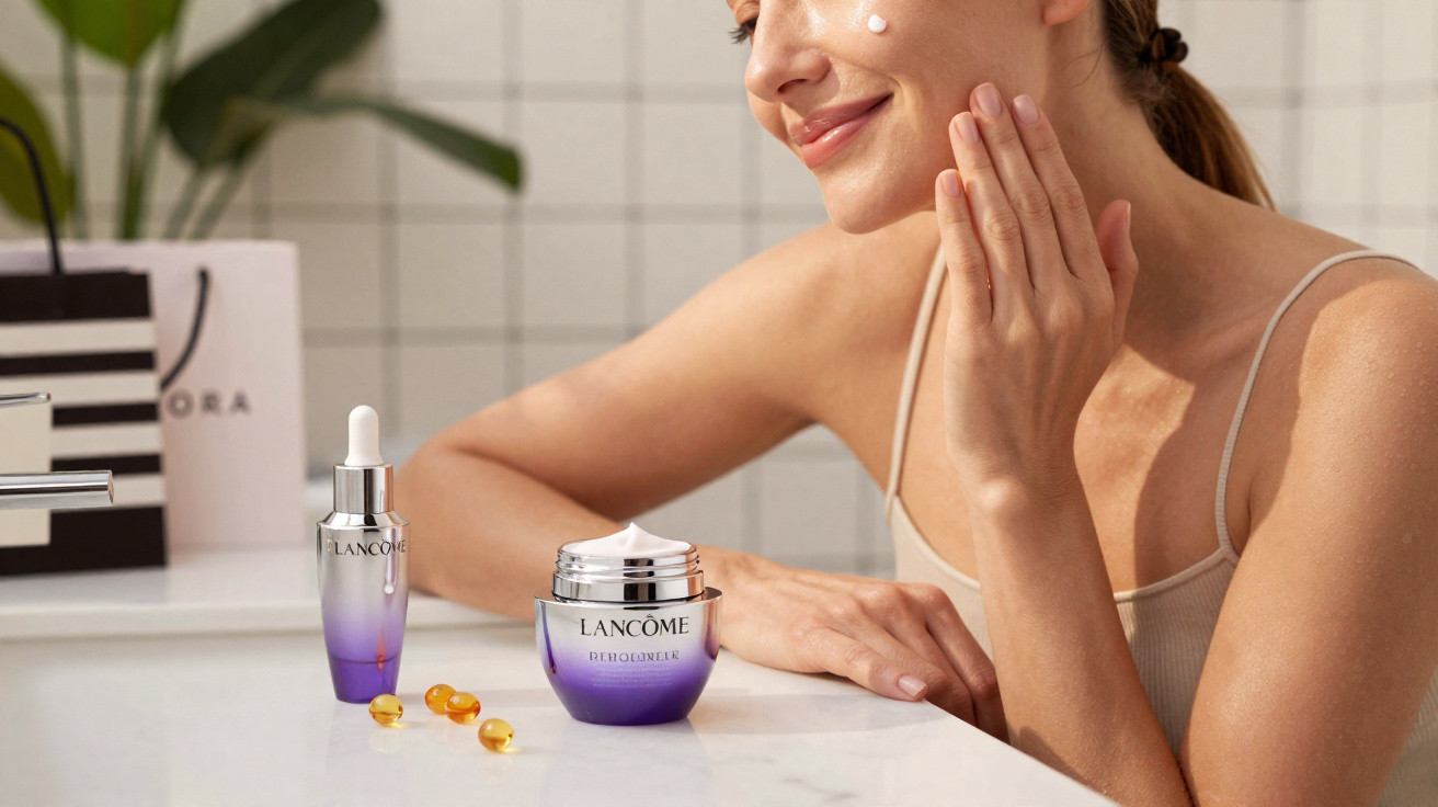 Mulher aplicando creme facial Lancôme em ambiente iluminado com produtos de skincare na bancada.