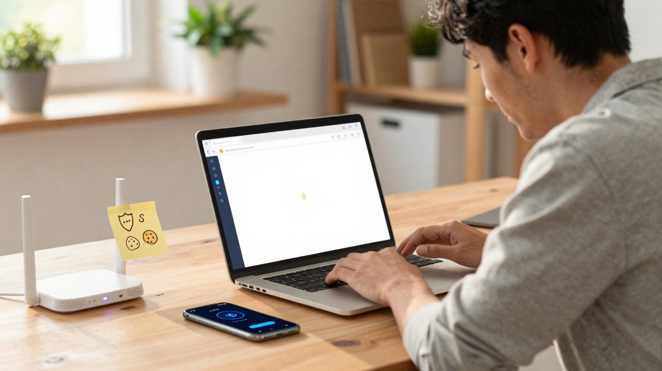 Homem sentado em mesa usa notebook com tela branca e smartphone ao lado, perto de roteador com adesivo amarelo.