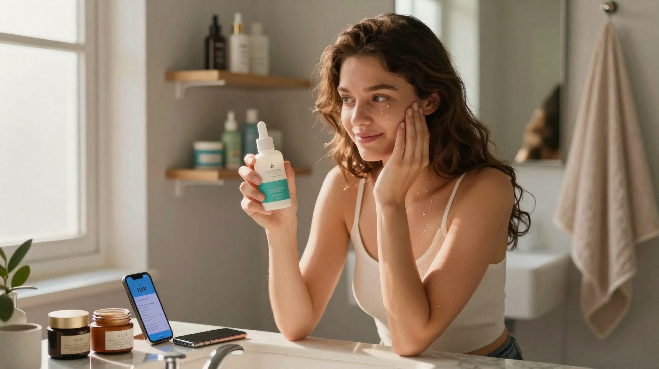 Mulher aplicando sérum facial em frente ao espelho em banheiro iluminado natural.