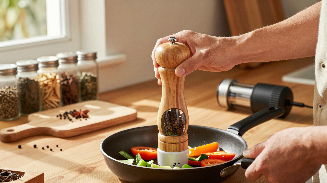 Pessoa usando moedor de pimenta de madeira para temperar legumes em frigideira na cozinha.