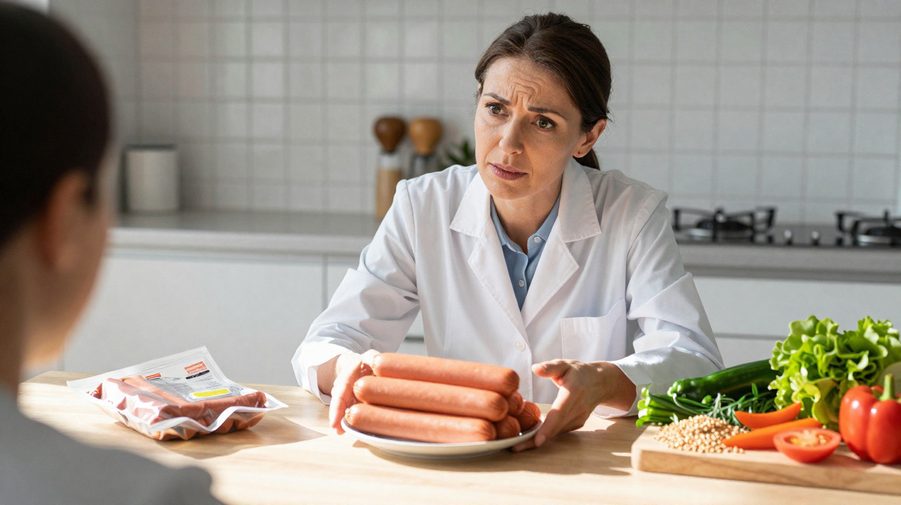 Nutricionista explicando para paciente sobre salsichas com legumes frescos ao lado na mesa.