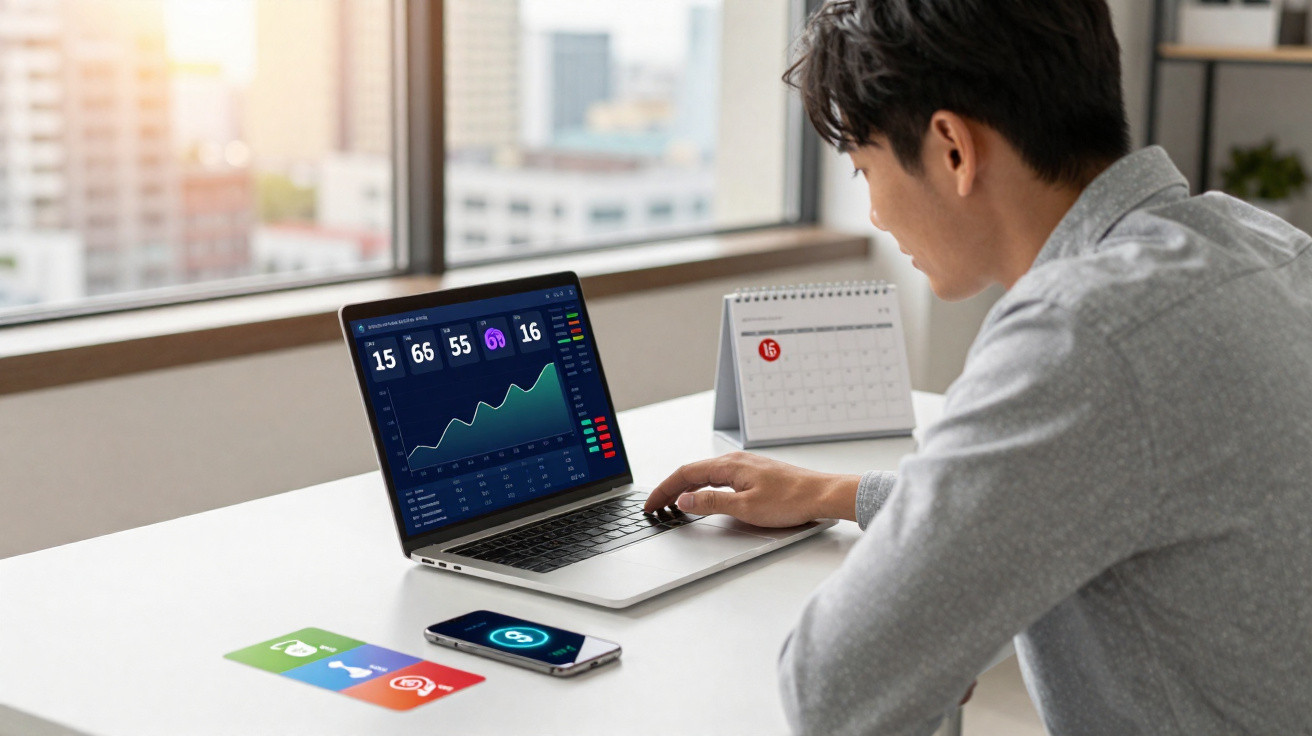 Homem analisando gráficos financeiros em laptop com calendário e smartphone sobre mesa branca.