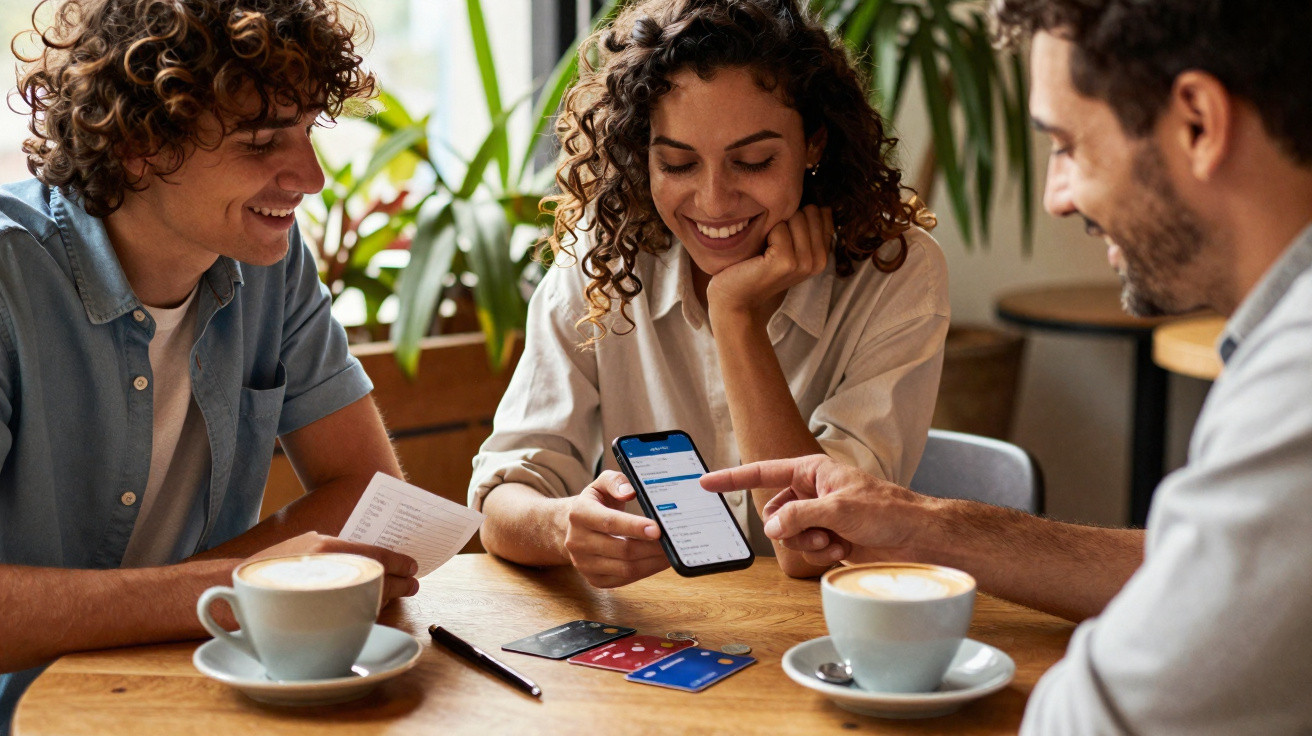 Três pessoas reunidas trocando informações com cartões e smartphone em mesa de café.