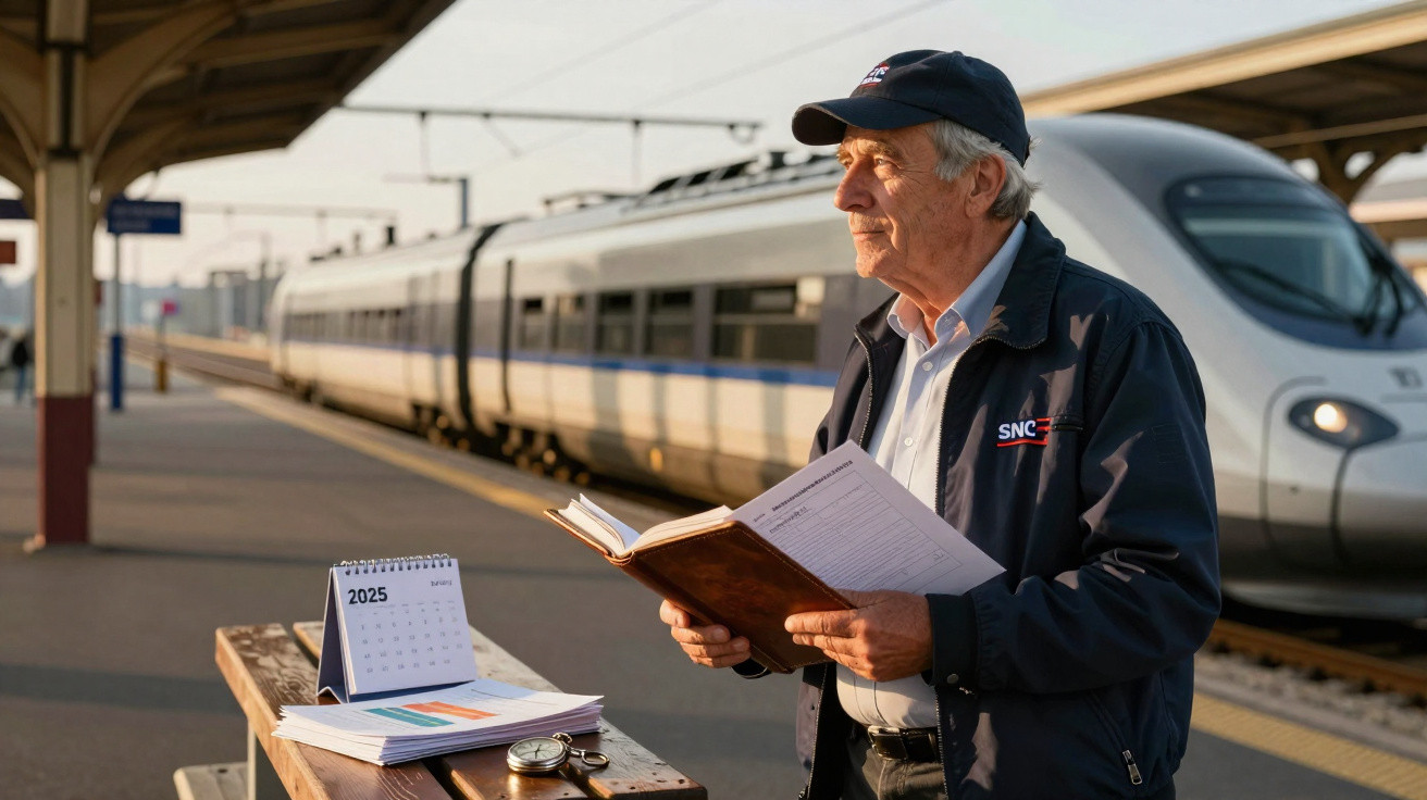Homem idoso com boné e jaqueta lê livro na plataforma de trem com trem bala ao fundo em estação.