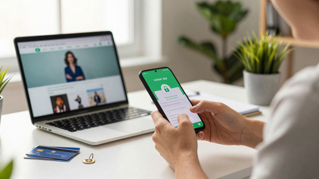 Pessoa segurando celular com tela de login ao lado de notebook aberto em site, mesa com cartão e chave.