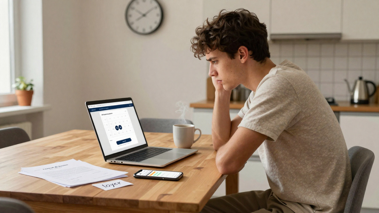 Jovem sentado à mesa olhando preocupado para laptop com documentos, celular e xícara de café ao lado.