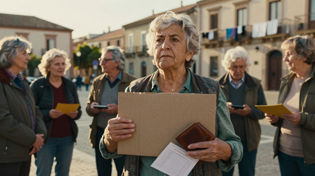 Grupo de idosos em praça, uma mulher segura placa de papelão e documentos com expressão séria.