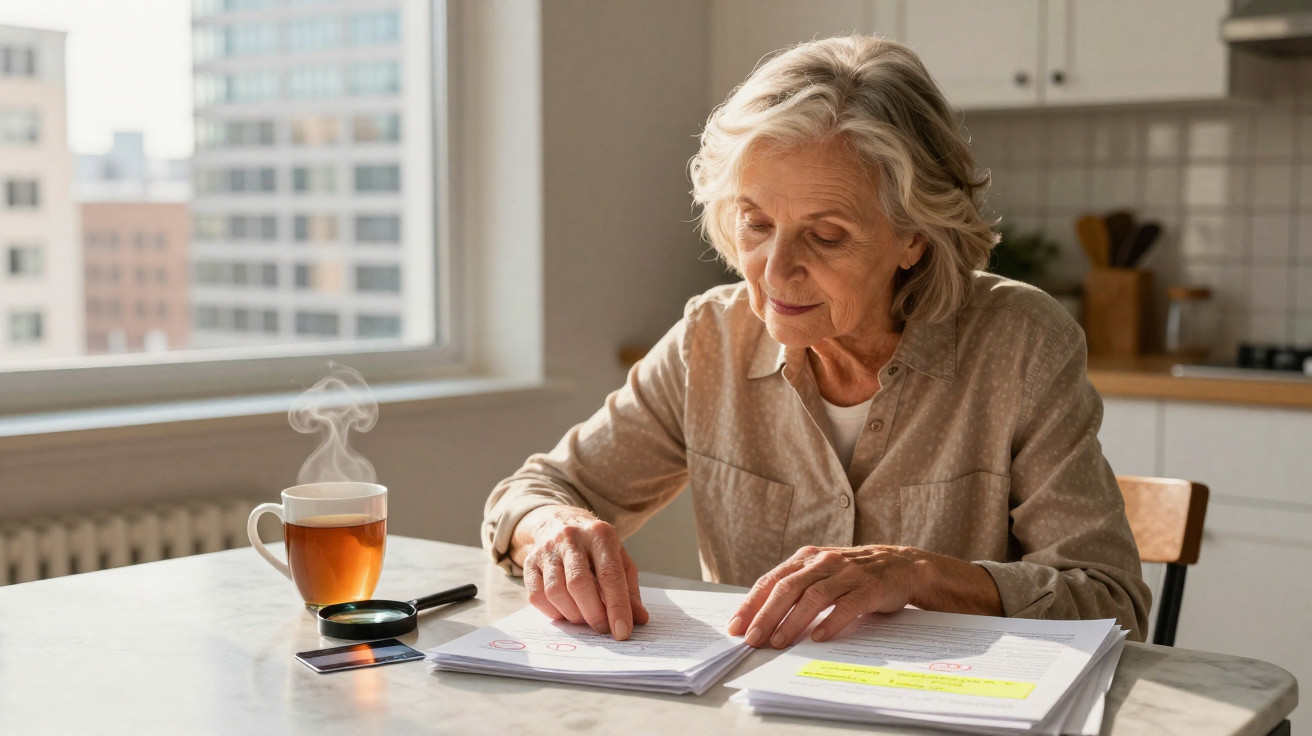 Mulher idosa lendo e analisando documentos sentada à mesa de cozinha com chá fumegante ao lado.