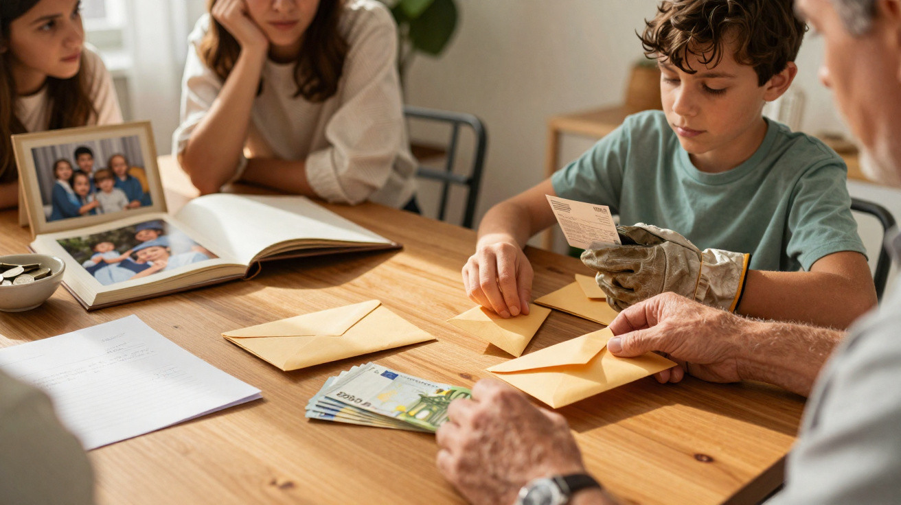 Menino e adulto organizam envelopes com dinheiro e recibos em mesa com fotos de família ao fundo.