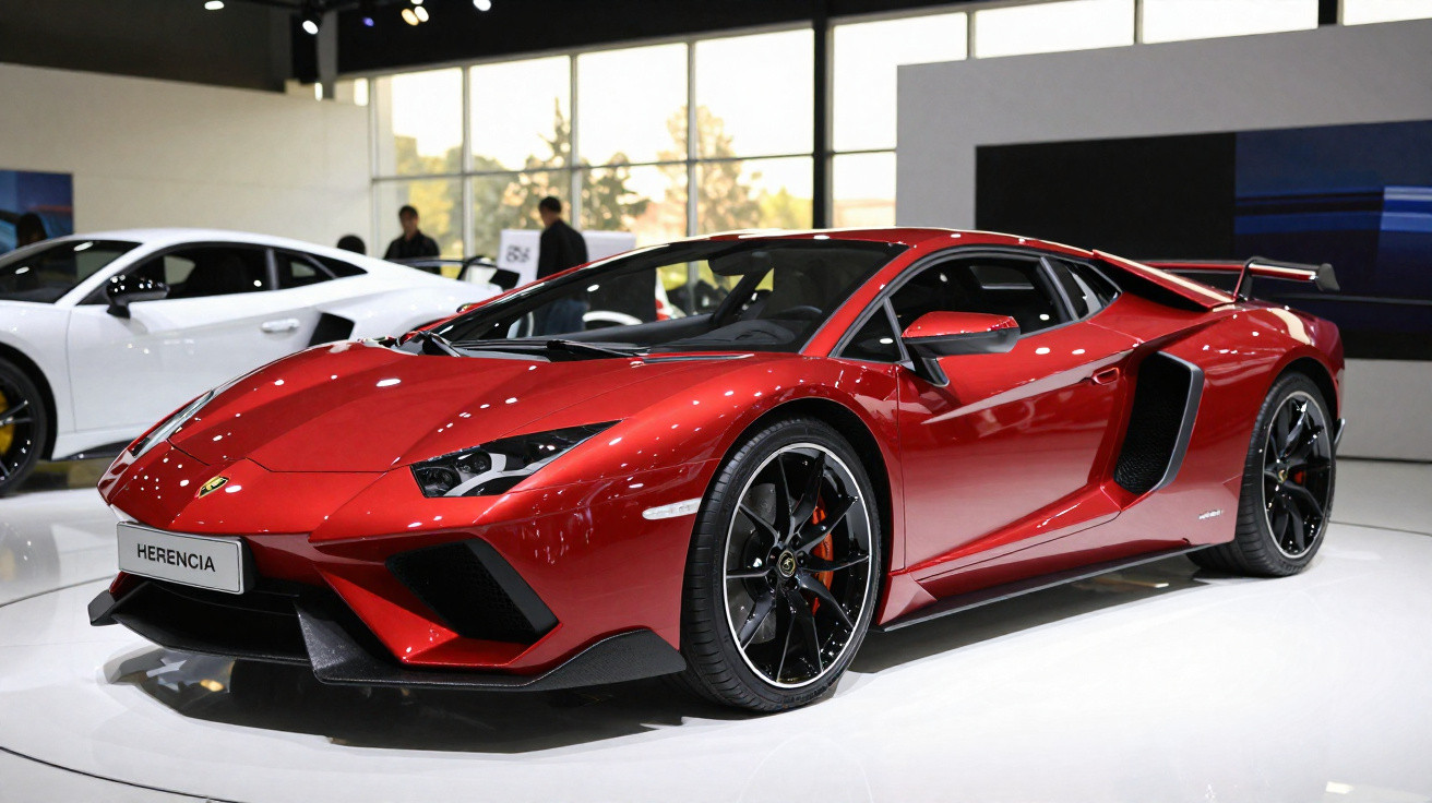 Carro esportivo vermelho exposto em showroom com painel traseiro e rodas pretas.