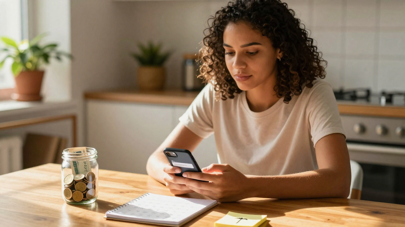 Mulher jovem sentada à mesa, usando celular, com jarra de moedas e caderno numa cozinha iluminada.