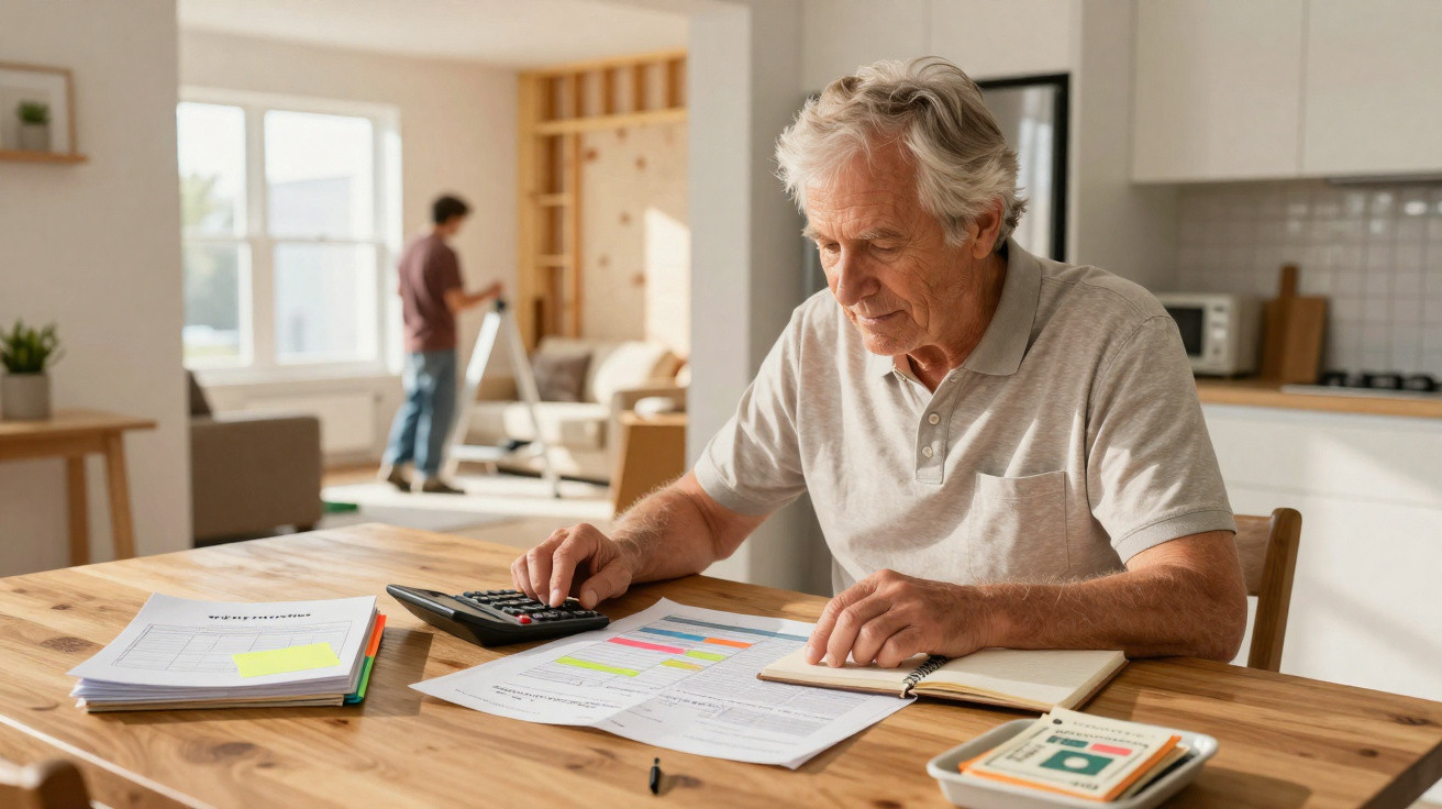 Homem idoso calculando contas com documentos e calculadora na mesa de madeira em ambiente claro.