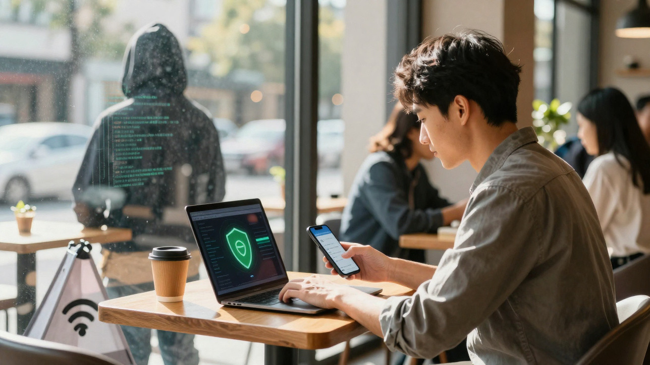 Jovem usando laptop com ícone de segurança e celular em cafeteria iluminada por luz natural.