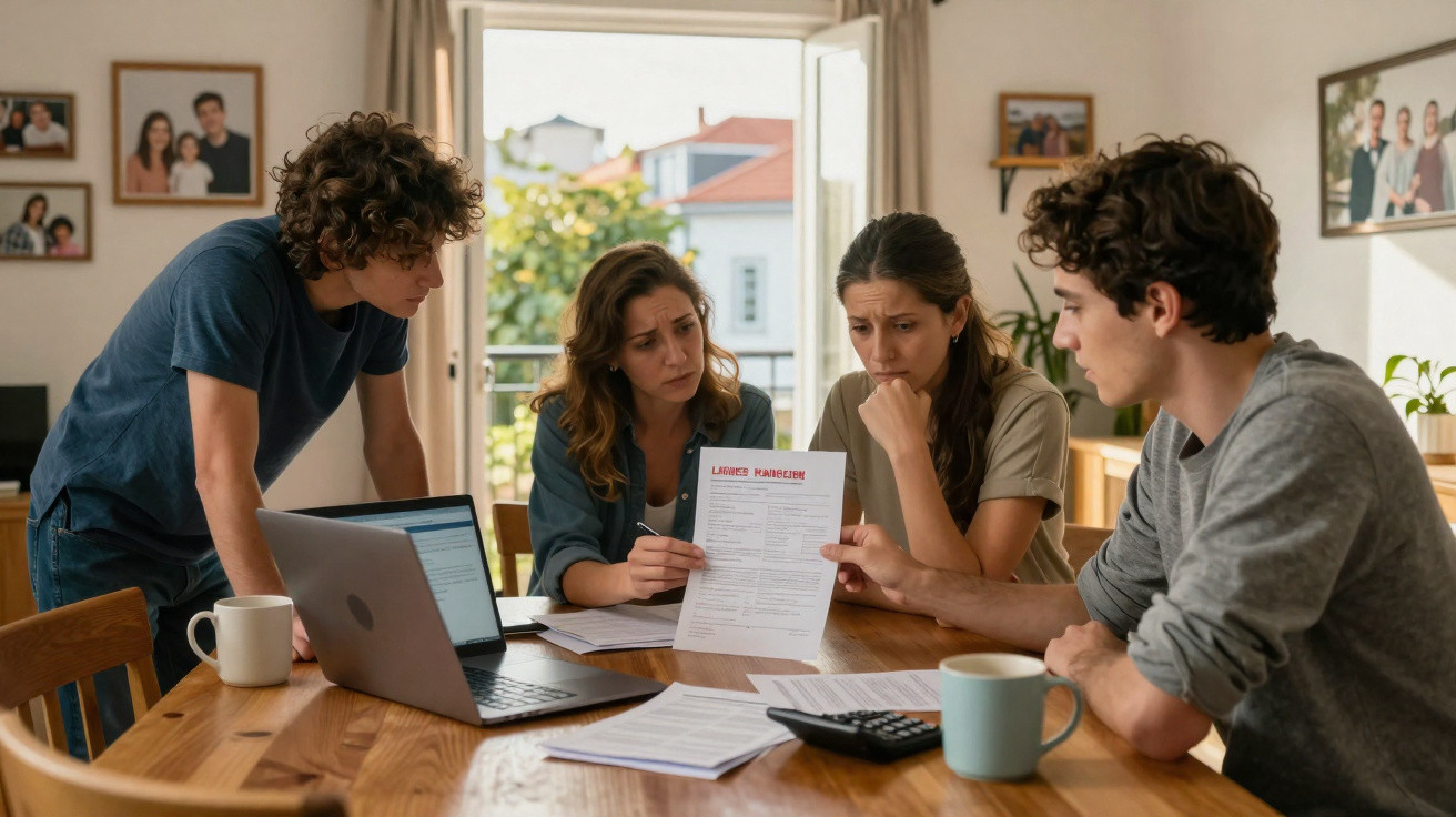 Quatro jovens reunidos em uma mesa com laptop e documentos, analisando uma folha com expressão preocupada.
