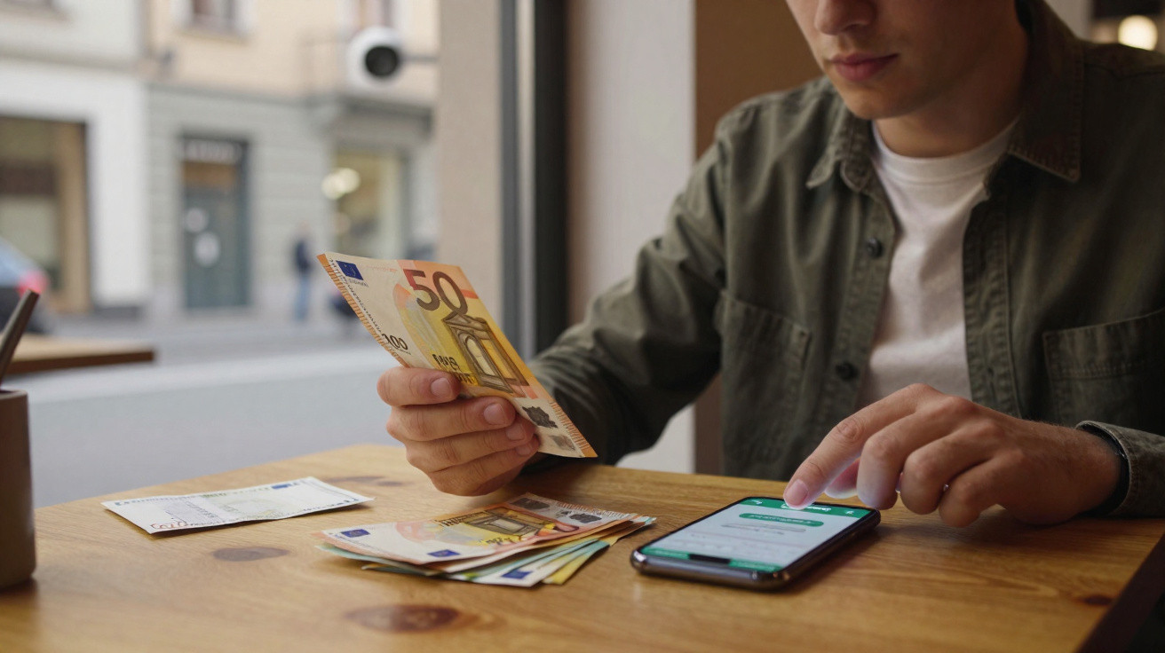 Homem segurando nota de euro e usando celular sobre mesa com dinheiro em ambiente interno.