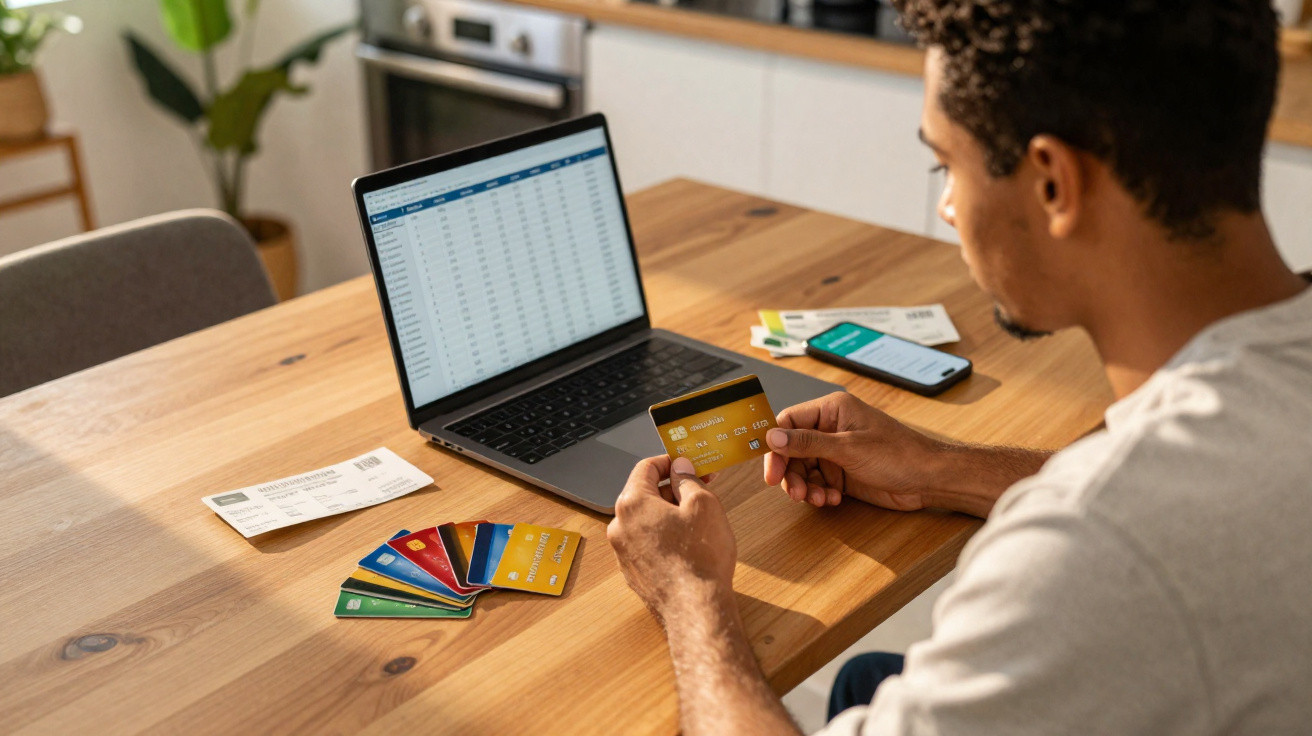 Homem sentado à mesa com vários cartões de crédito, olhando para um cartão amarelo e laptop aberto.