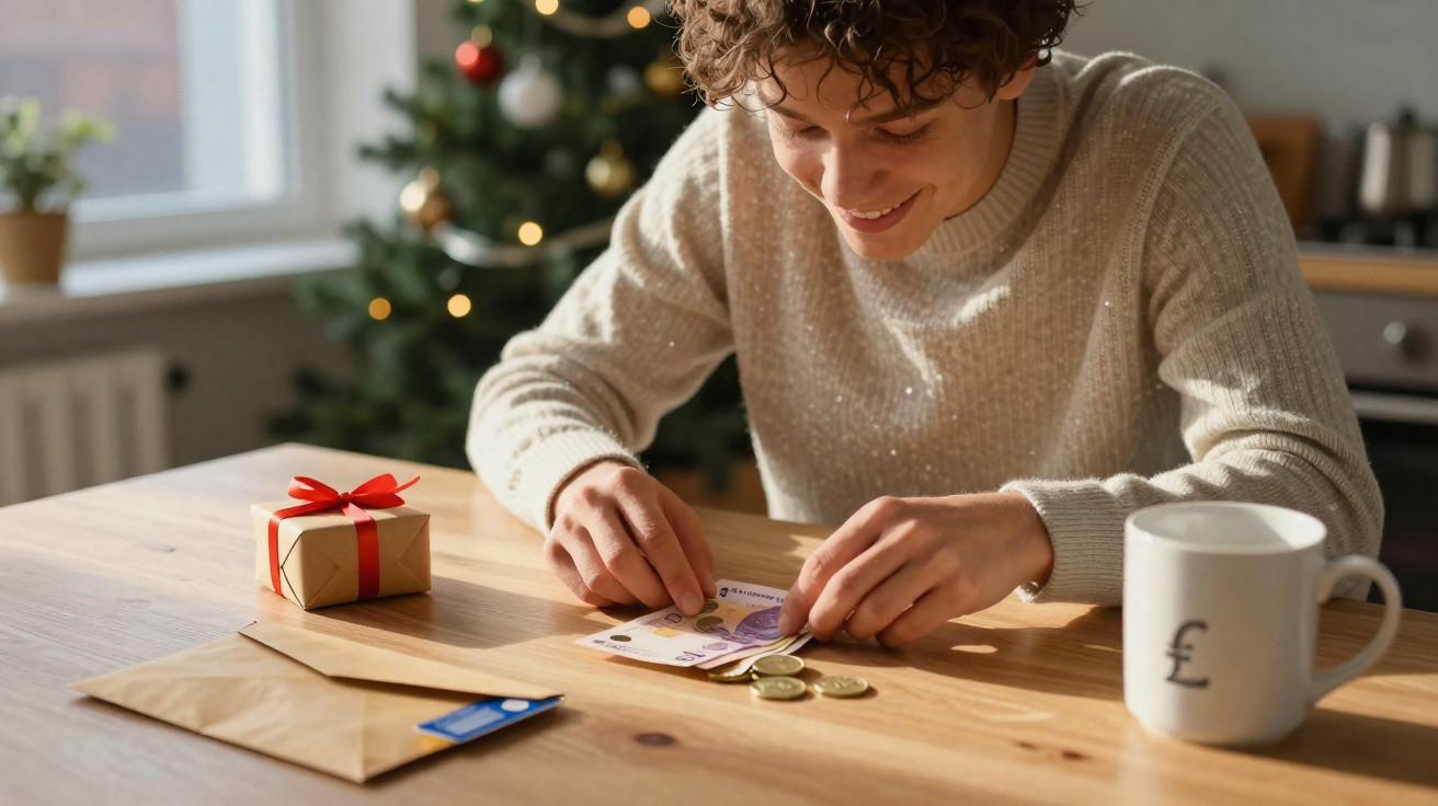 Pessoa sorridente contando dinheiro em mesa de madeira com presente, envelope e caneca, árvore de Natal ao fundo.