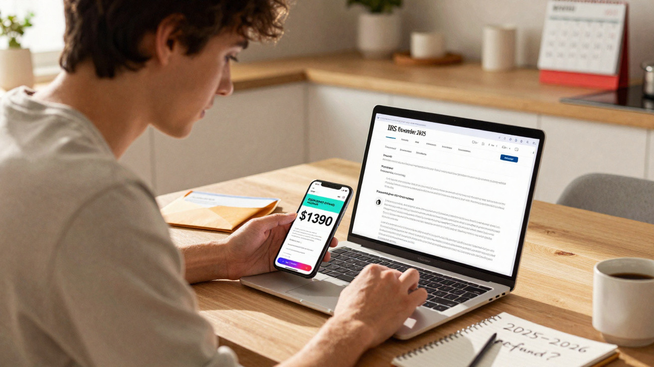 Pessoa usando celular e laptop para consultar informações financeiras em mesa de madeira clara.