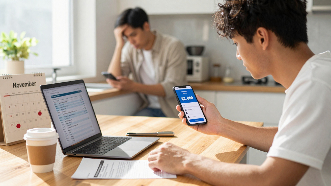 Dois homens na cozinha, um verifica saldo no celular e o outro parece preocupado olhando o próprio celular.
