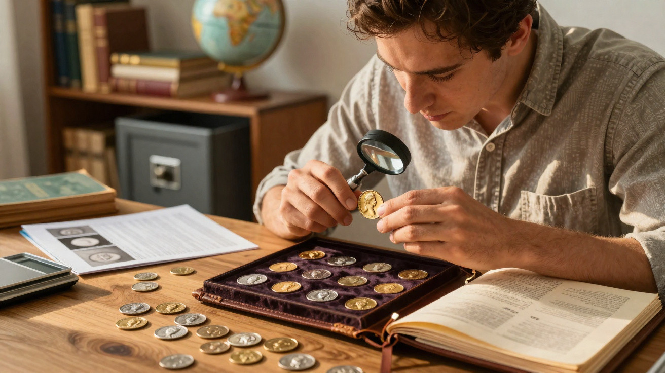 Homem examina moeda com lupa em mesa de madeira com várias moedas e livros ao redor.