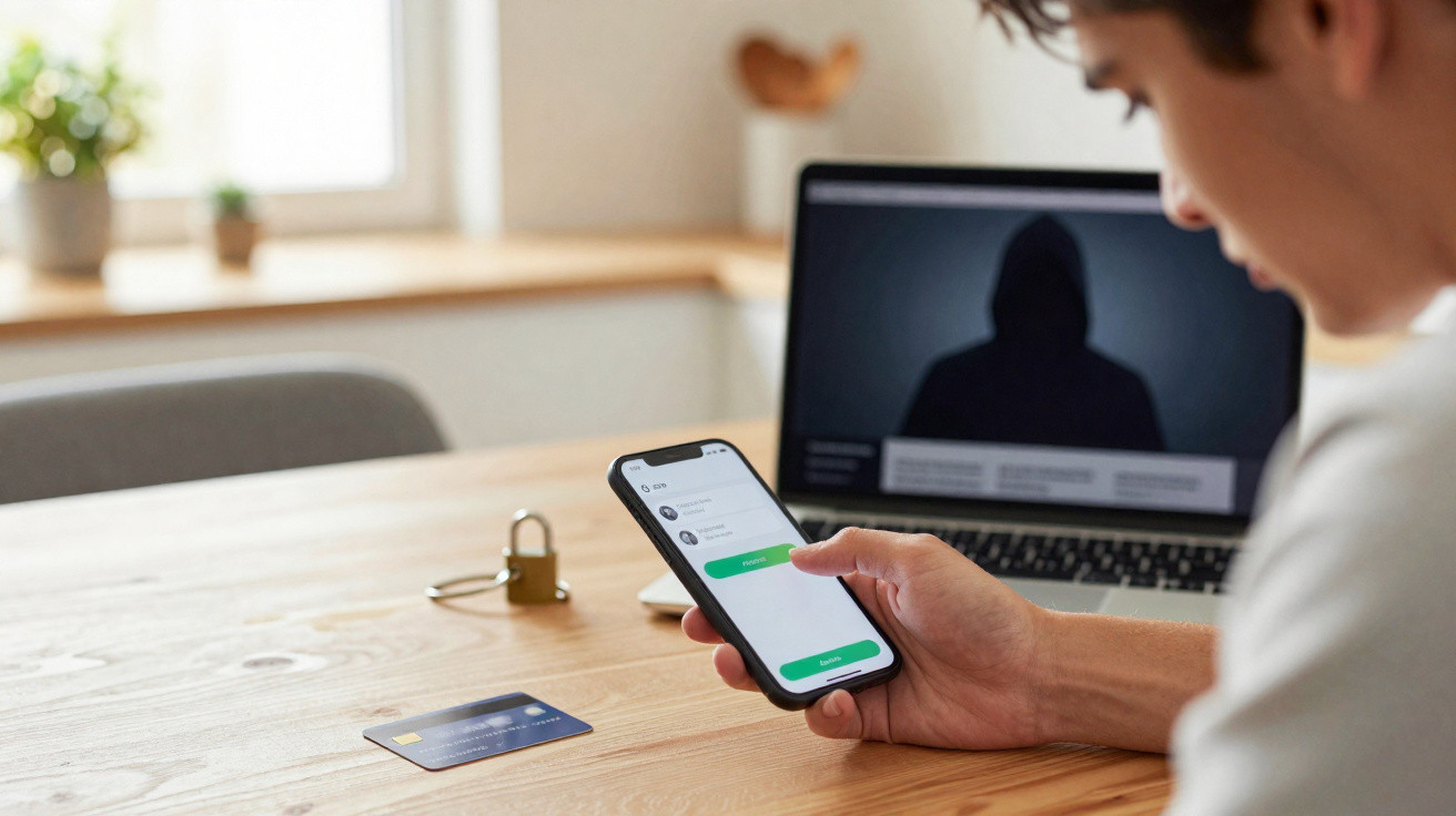 Pessoa usando celular para autenticação, com cartão de crédito, cadeado e laptop com imagem de hacker ao fundo.