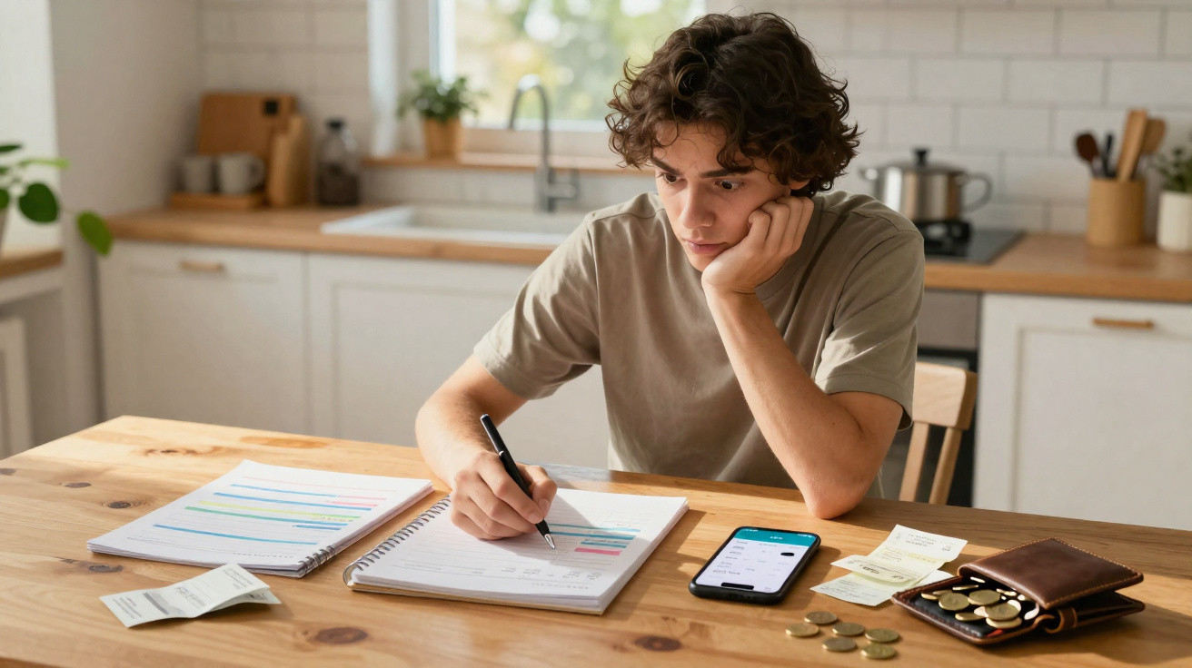 Jovem concentrado fazendo anotações e organizando finanças na cozinha com cédulas, moedas e celular na mesa.