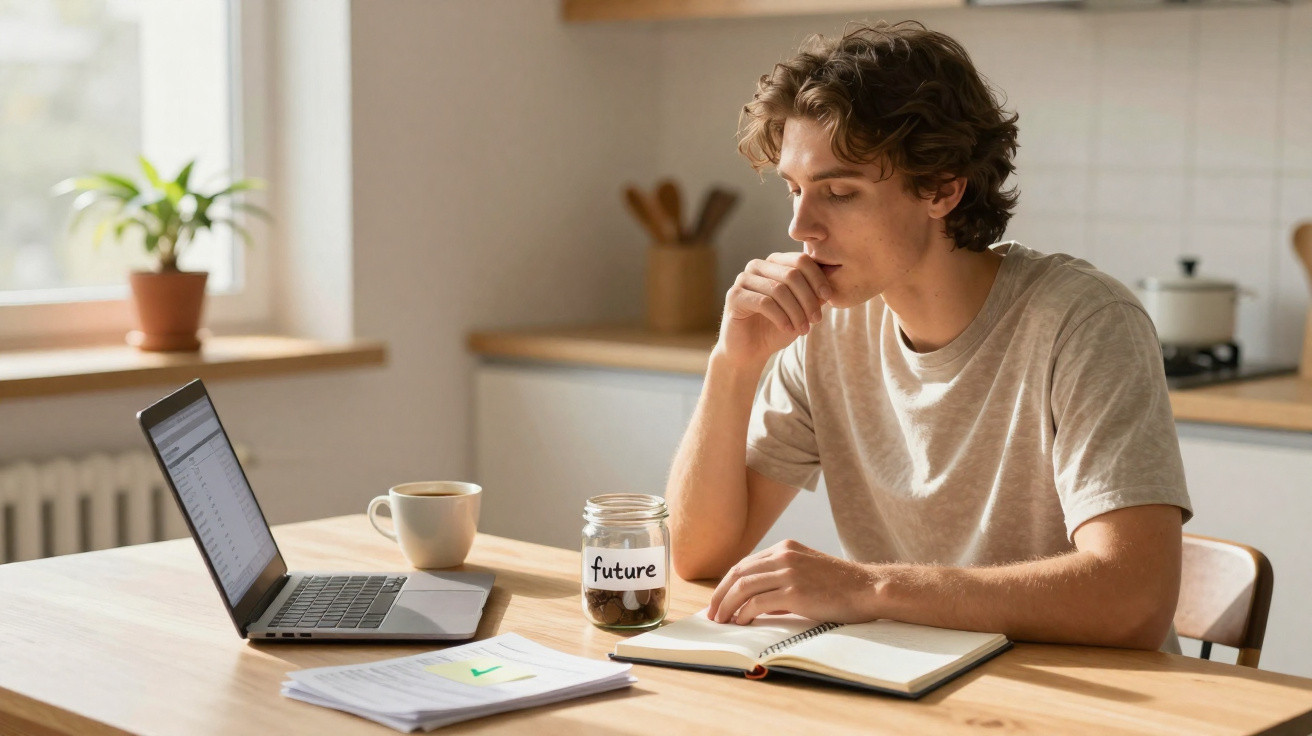 Jovem pensativo sentado à mesa com notebook, caderno, jarra com moedas e xícara em ambiente iluminado.