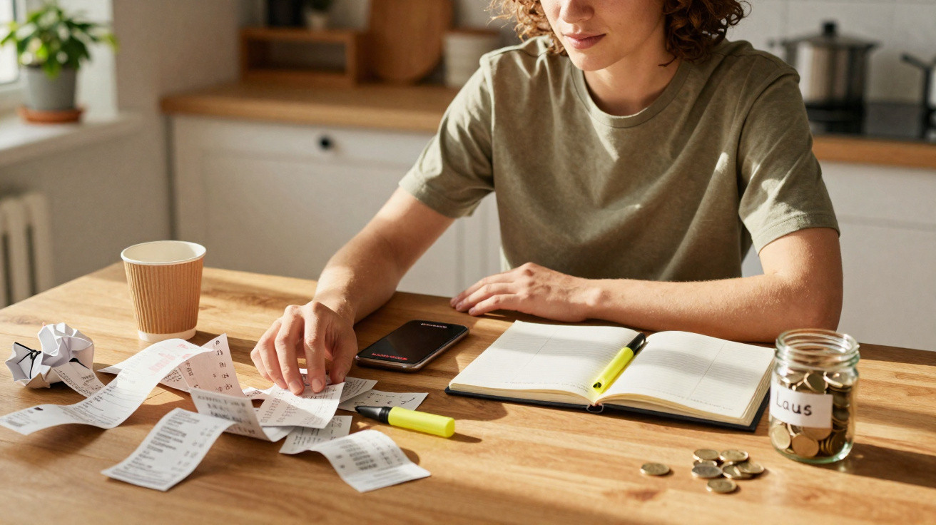 Pessoa analisando e organizando recibos e moedas em mesa, com caderno, celular e pote de vidro.