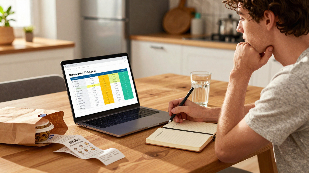 Homem sentado à mesa usando notebook com planilha, anotando em caderno, com copo de água e comida para viagem.