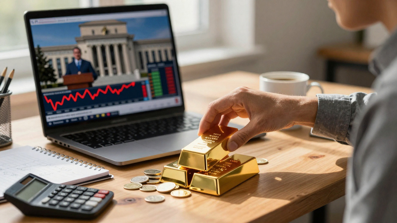 Pessoa segurando barras de ouro na mesa com moedas, calculadora, caderno e laptop exibindo gráfico financeiro.